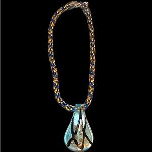 1980's Art Glass Pendant & Rope Necklace Teardrop Shape teal gold